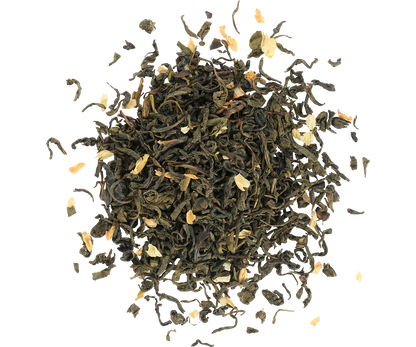 Liście zielonej herbaty Basilur z płatkami jaśminu, aromatyczna mieszanka o kwiatowym zapachu.