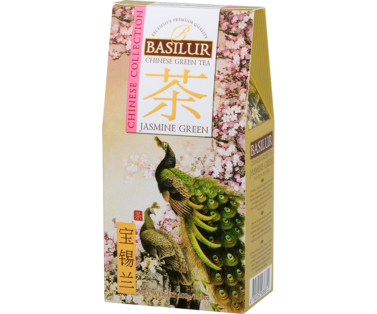 Herbata Basilur Jasmine Green w eleganckim kartoniku, idealna dla miłośników herbat zielonych.