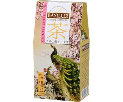 Herbata Basilur Jasmine Green w eleganckim kartoniku, idealna dla miłośników herbat zielonych.