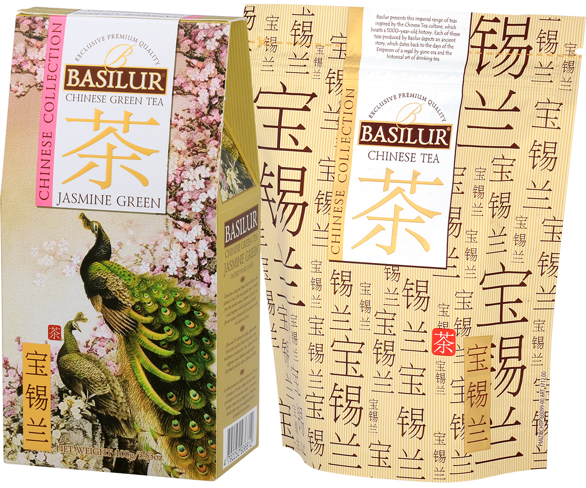 Opakowanie Basilur Jasmine Green 100 g, chińska herbata jaśminowa z serii Chinese Collection.