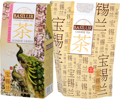 Opakowanie Basilur Jasmine Green 100 g, chińska herbata jaśminowa z serii Chinese Collection.