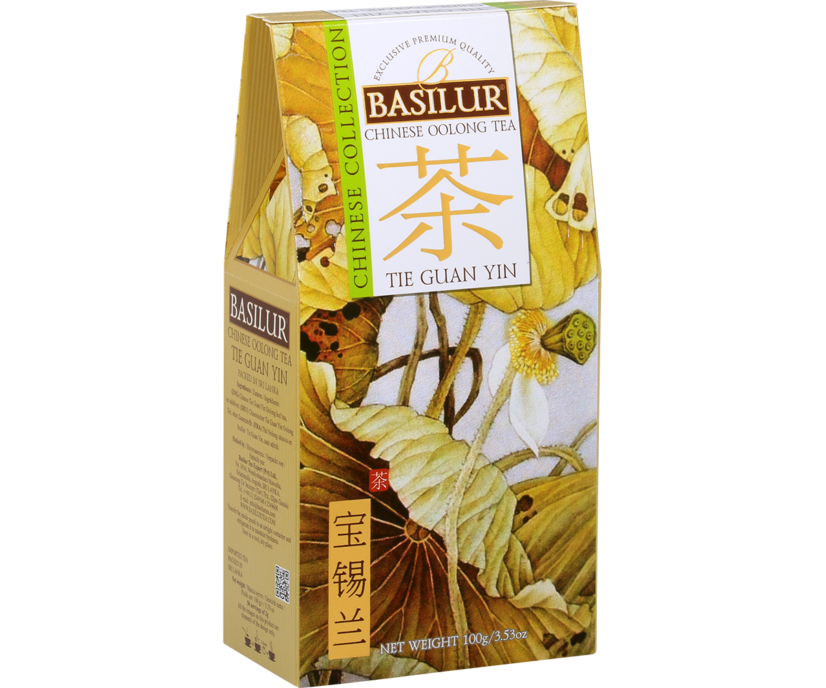 Bok pudełka Basilur Tie Guan Yin z opisem herbaty Chinese Collection.