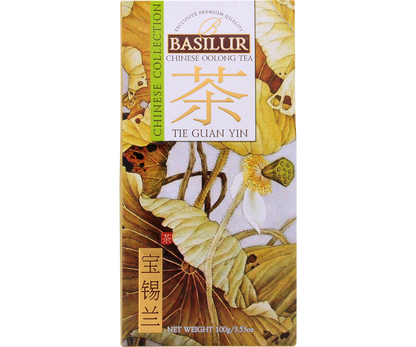 Front opakowania Basilur Tie Guan Yin z motywem lotosu.