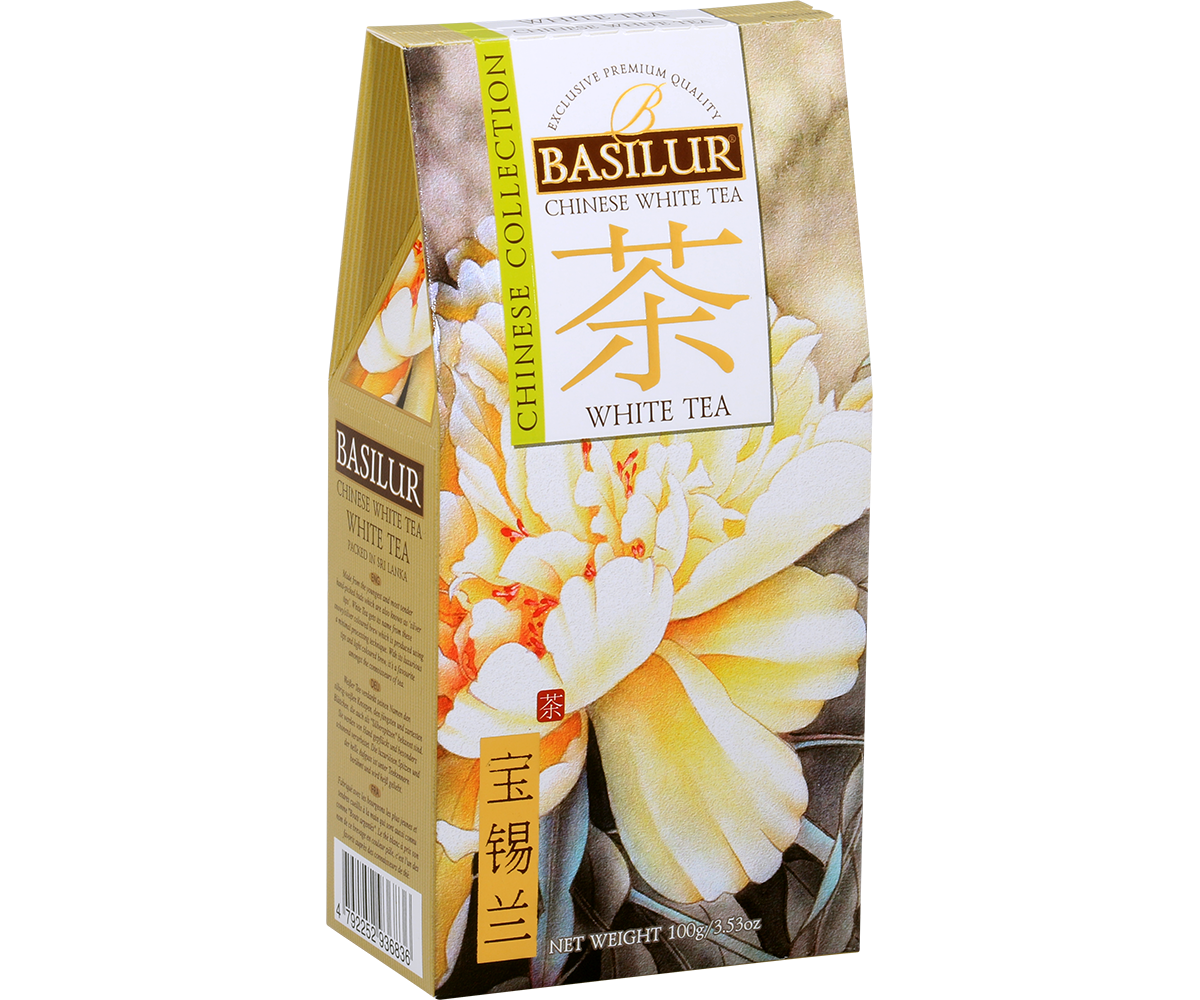 Bok pudełka Basilur White Tea z opisem kolekcji Chinese Collection.