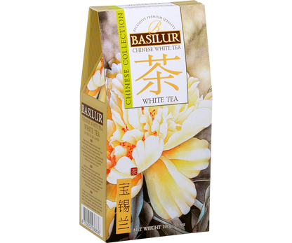 Bok pudełka Basilur White Tea z opisem kolekcji Chinese Collection.
