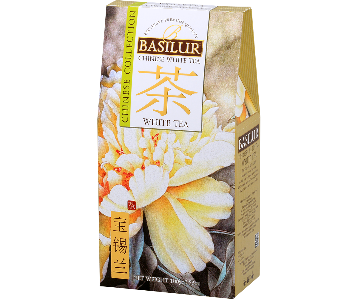 Herbata Basilur White Tea w eleganckim kartoniku 100 g, naturalna biała herbata premium.