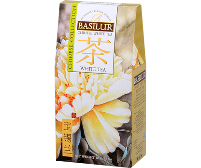 Herbata Basilur White Tea w eleganckim kartoniku 100 g, naturalna biała herbata premium.