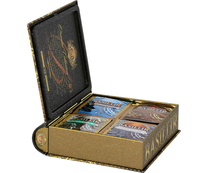 Otwarte pudełko Basilur Oriental Collection No. 2 prezentujące różne smaki herbat w eleganckim wnętrzu.