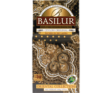 Opakowanie herbaty Basilur Ceylon Original – elegancka czarno-złota grafika z orientalnym wzorem.