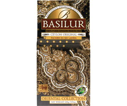 Opakowanie herbaty Basilur Ceylon Original – elegancka czarno-złota grafika z orientalnym wzorem.