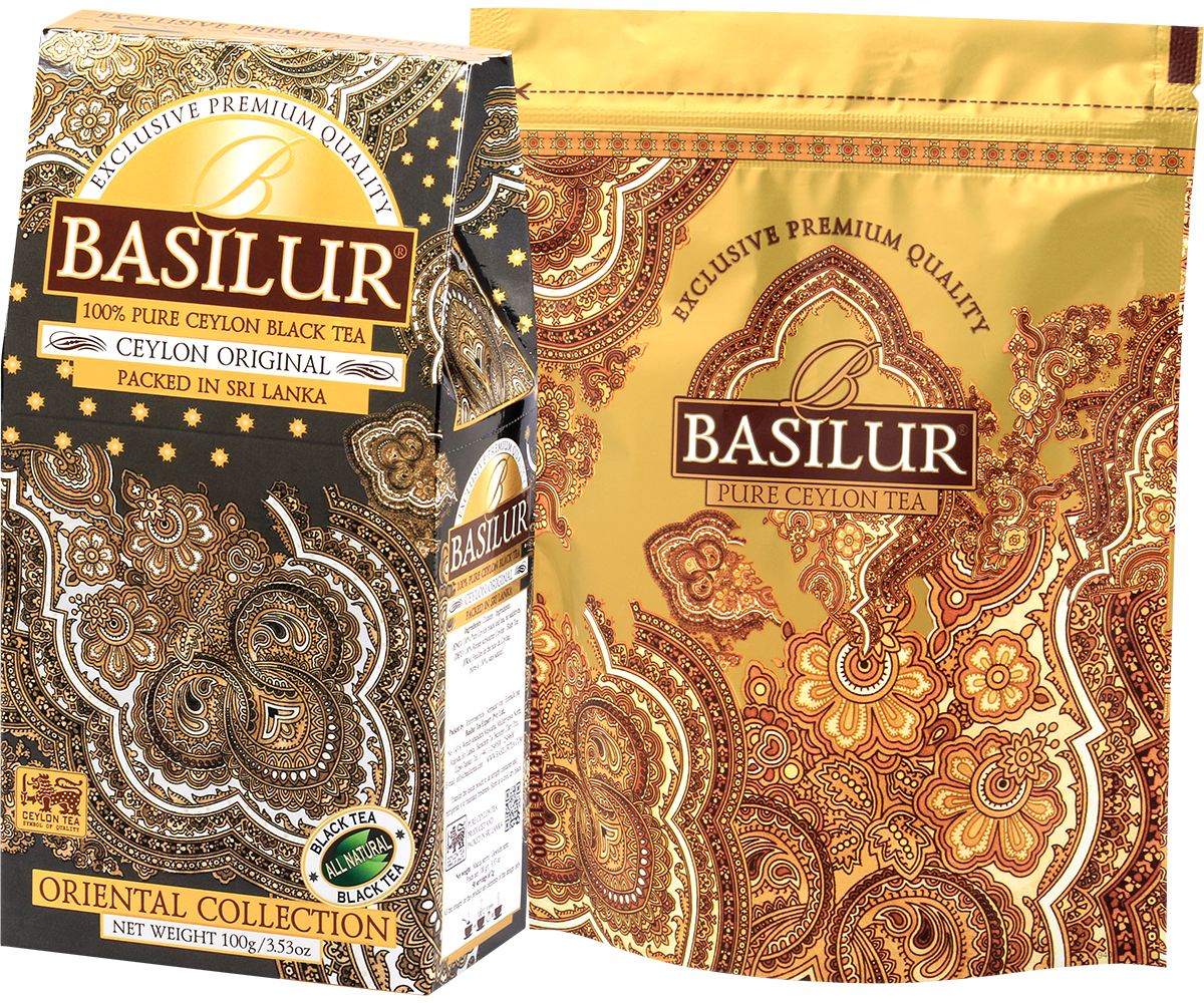 Herbata Basilur Ceylon Original 100 g – czarna herbata cejlońska w orientalnym opakowaniu z złotą torebką.
