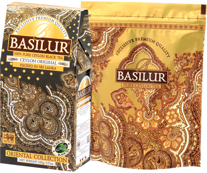 Herbata Basilur Ceylon Original 100 g – czarna herbata cejlońska w orientalnym opakowaniu z złotą torebką.