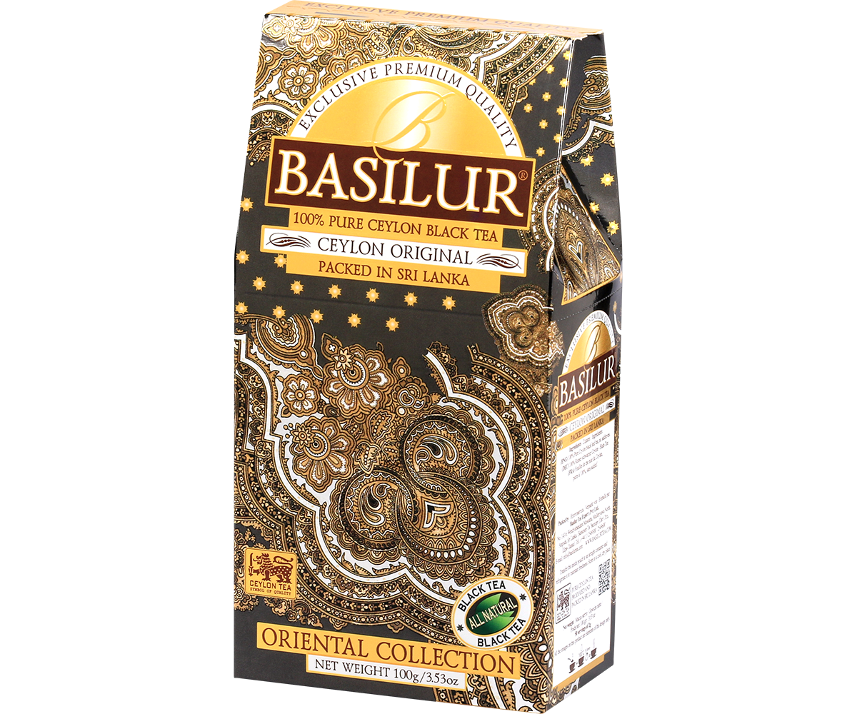 Przód pudełka Basilur Ceylon Original – klasyczna herbata czarna z kolekcji Oriental Collection.