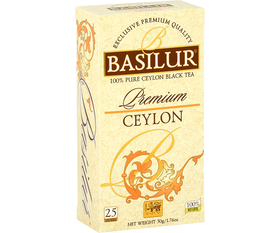 Bok opakowania Basilur Premium Ceylon – opis produktu i logo marki Basilur.