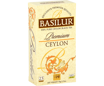 Bok opakowania Basilur Premium Ceylon – opis produktu i logo marki Basilur.