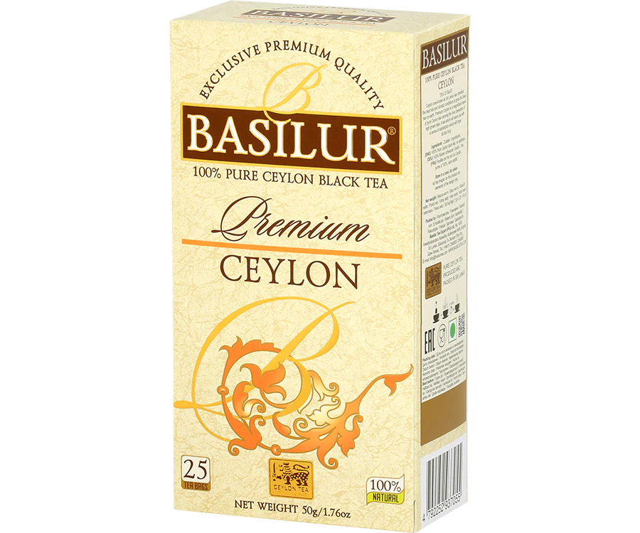 Herbata Basilur Premium Ceylon 25 x 2 g – czarna herbata cejlońska w eleganckim kremowym opakowaniu.