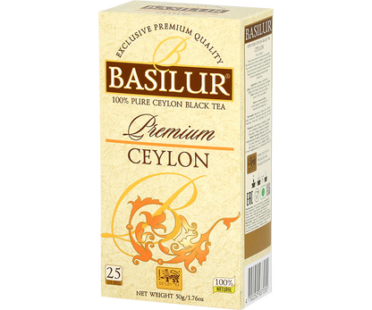 Herbata Basilur Premium Ceylon 25 x 2 g – czarna herbata cejlońska w eleganckim kremowym opakowaniu.