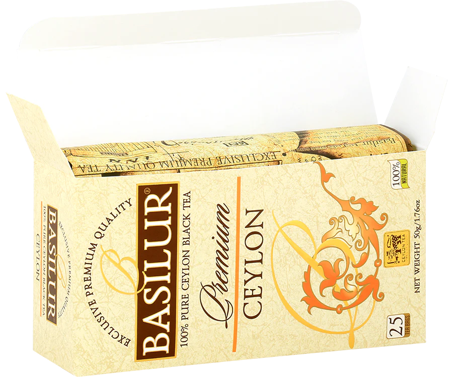Otwarte pudełko Basilur Premium Ceylon – 25 torebek czarnej herbaty cejlońskiej.