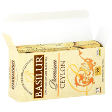 Otwarte pudełko Basilur Premium Ceylon – 25 torebek czarnej herbaty cejlońskiej.