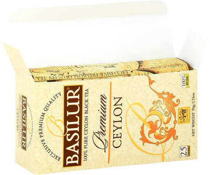Otwarte pudełko Basilur Premium Ceylon – 25 torebek czarnej herbaty cejlońskiej.