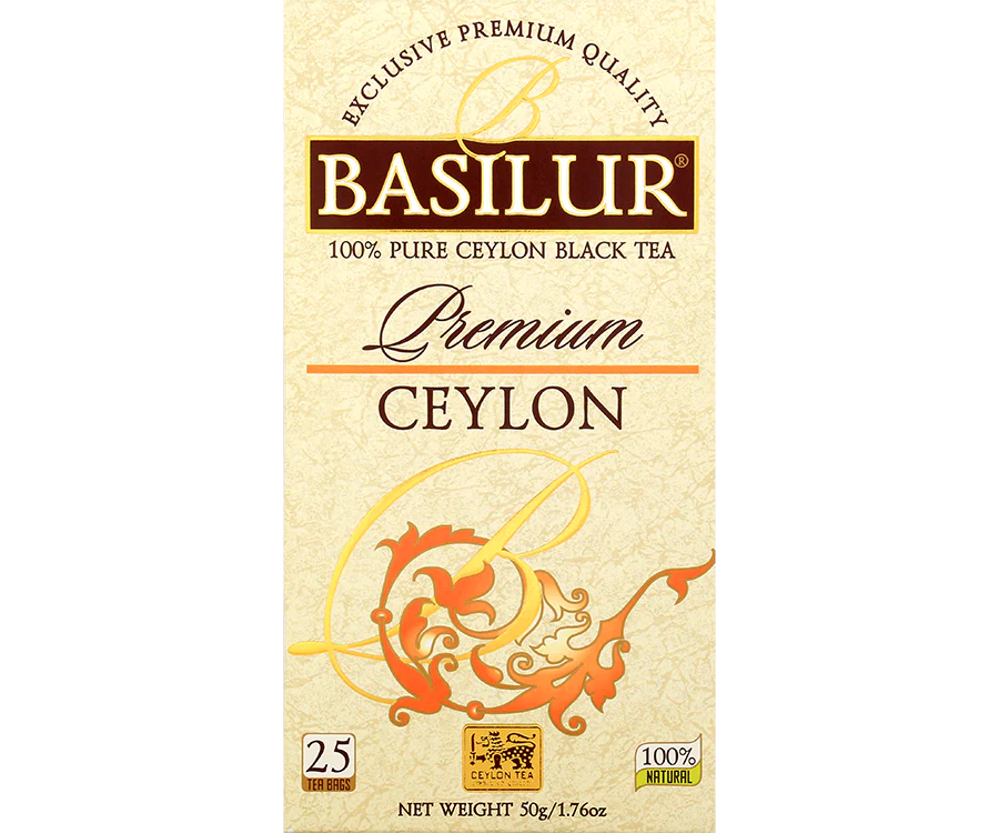 Przód opakowania Basilur Premium Ceylon – klasyczna czarna herbata 100% Ceylon.