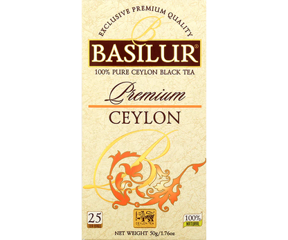 Przód opakowania Basilur Premium Ceylon – klasyczna czarna herbata 100% Ceylon.