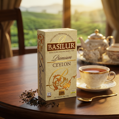Herbata Basilur Premium Ceylon w eleganckim opakowaniu obok filiżanki z naparem na stole z widokiem na plantację.