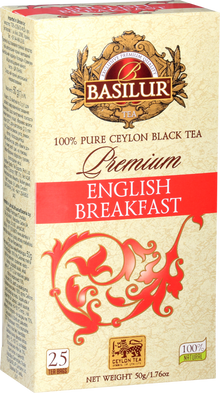 Bok pudełka Basilur English Breakfast z logo i złotym zdobieniem