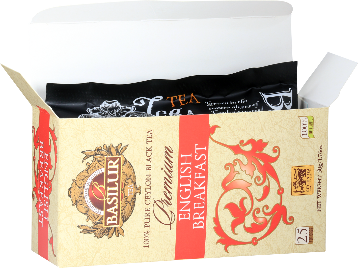 Otwarta paczka Basilur Premium English Breakfast z czarną herbatą w torebkach