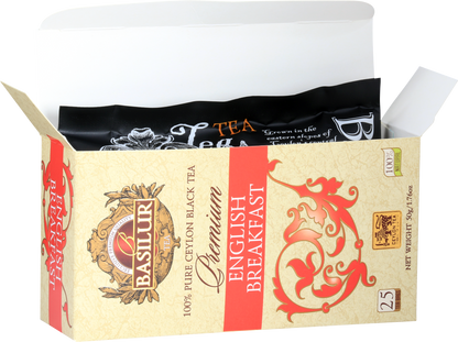 Otwarta paczka Basilur Premium English Breakfast z czarną herbatą w torebkach
