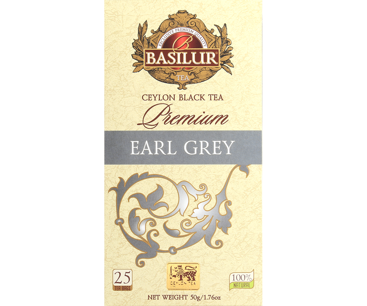 Front opakowania Basilur Premium Earl Grey czarna herbata z nuta bergamotki 25 torebek