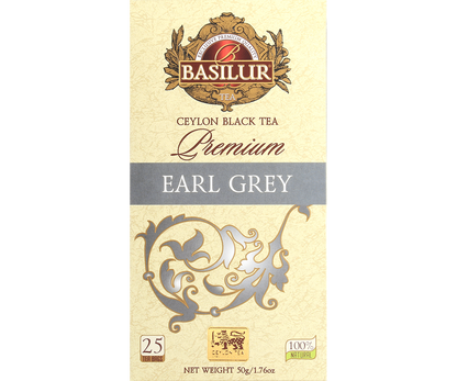Front opakowania Basilur Premium Earl Grey czarna herbata z nuta bergamotki 25 torebek