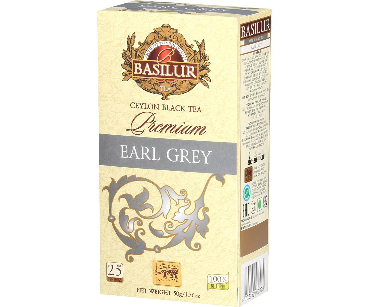 Opakowanie herbaty Basilur Premium Earl Grey czarna herbata cejlonska 25 torebek 50 g