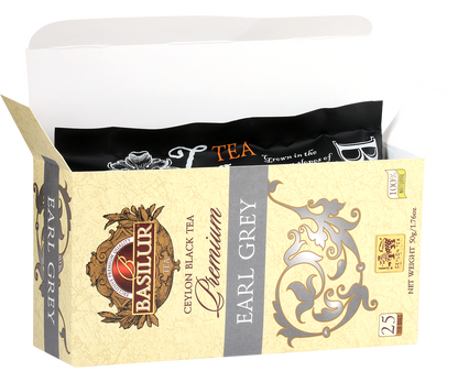 Otwarta herbata Basilur Premium Earl Grey 25 torebek czarna herbata cejlońska w eleganckim opakowaniu