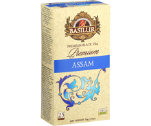 Opakowanie herbaty Basilur Premium Assam – czarna herbata cejlońska w eleganckiej beżowo-niebieskiej szacie.