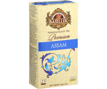 Opakowanie herbaty Basilur Premium Assam – czarna herbata cejlońska w eleganckiej beżowo-niebieskiej szacie.