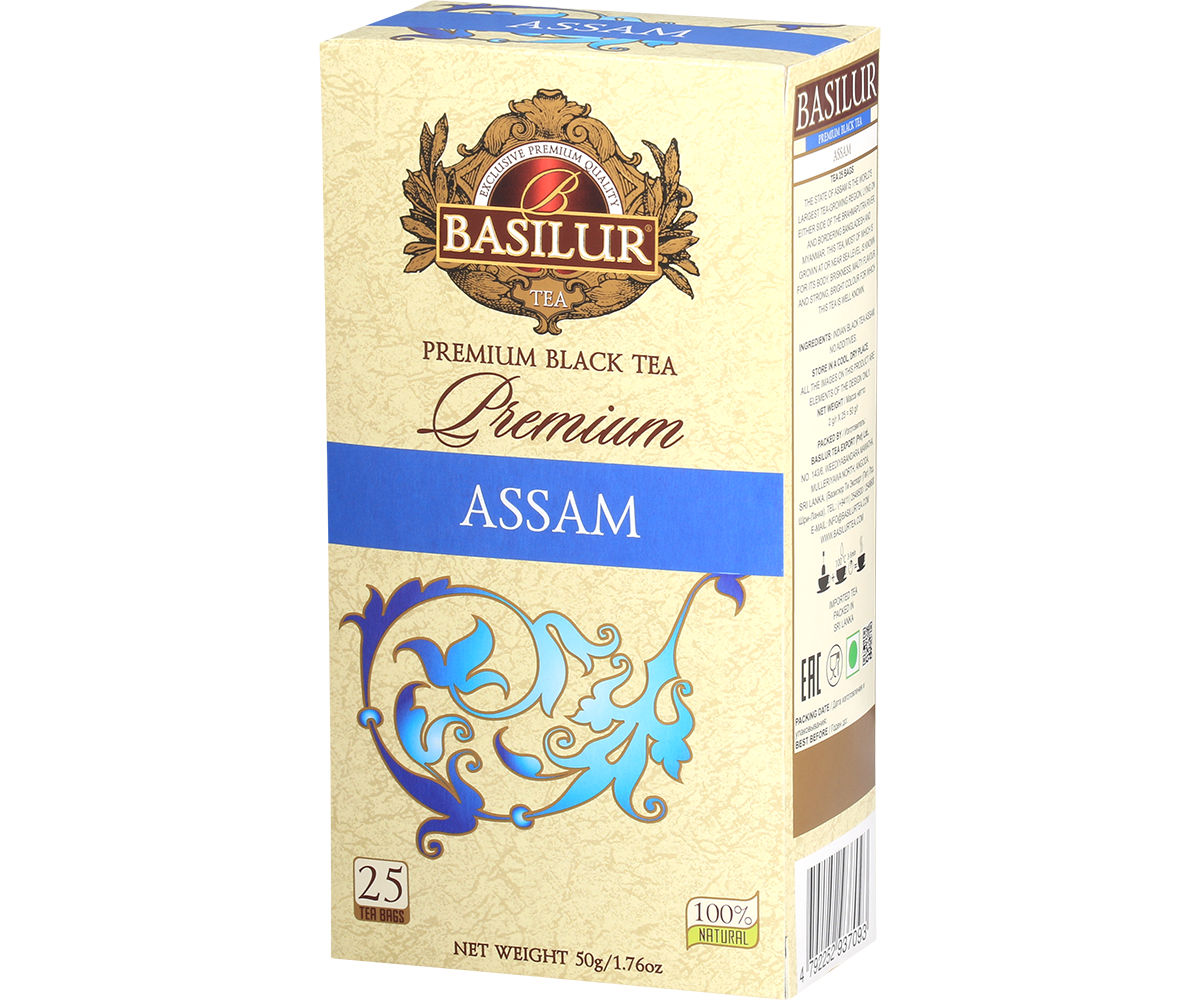 Bok opakowania Basilur Premium Assam z informacją o składzie i zaparzeniu.