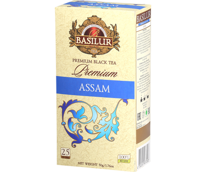 Bok opakowania Basilur Premium Assam z informacją o składzie i zaparzeniu.