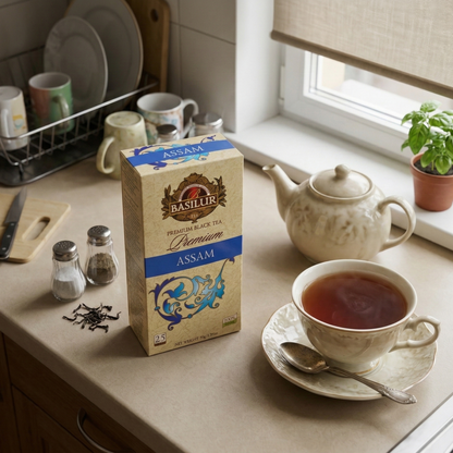 Opakowanie herbaty Basilur Premium Assam na kuchennym blacie obok filiżanki czarnej herbaty, imbryka i liści herbaty przy oknie.