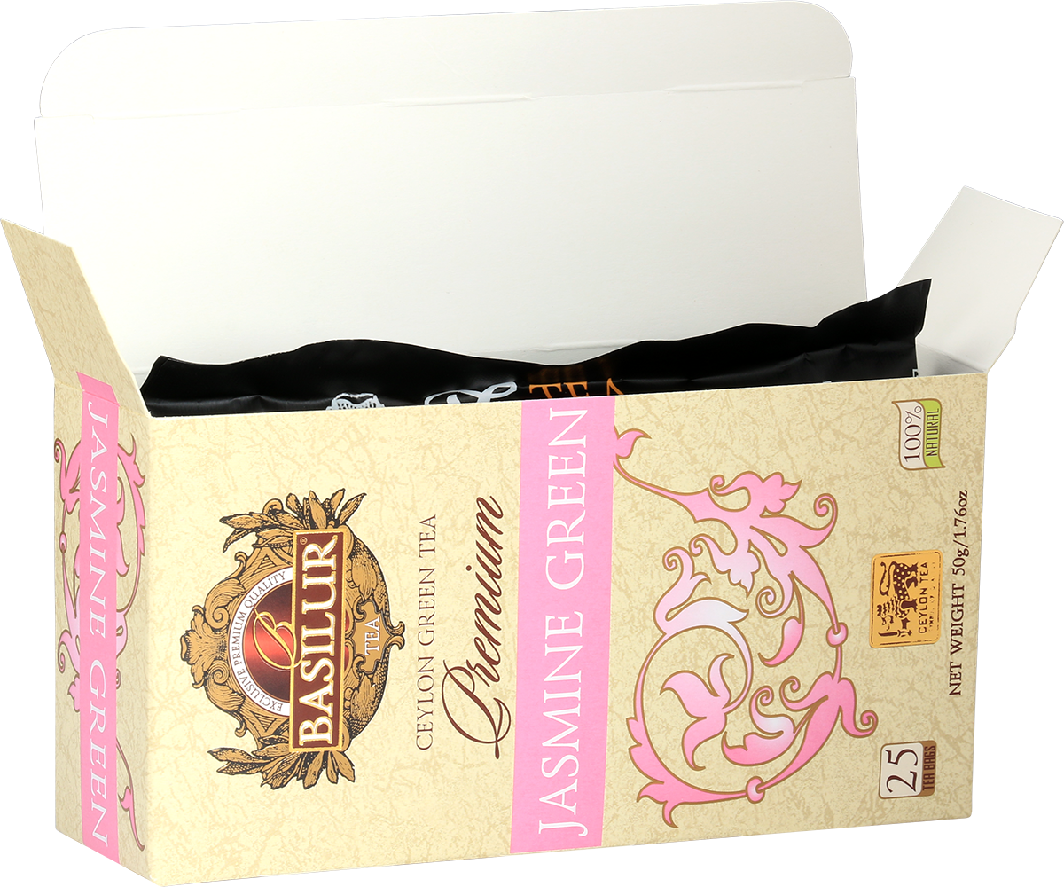 Otwarta herbata Basilur Premium Jasmine Green z widocznymi torebkami zapakowanymi w foliowe opakowanie.