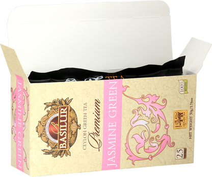 Otwarta herbata Basilur Premium Jasmine Green z widocznymi torebkami zapakowanymi w foliowe opakowanie.