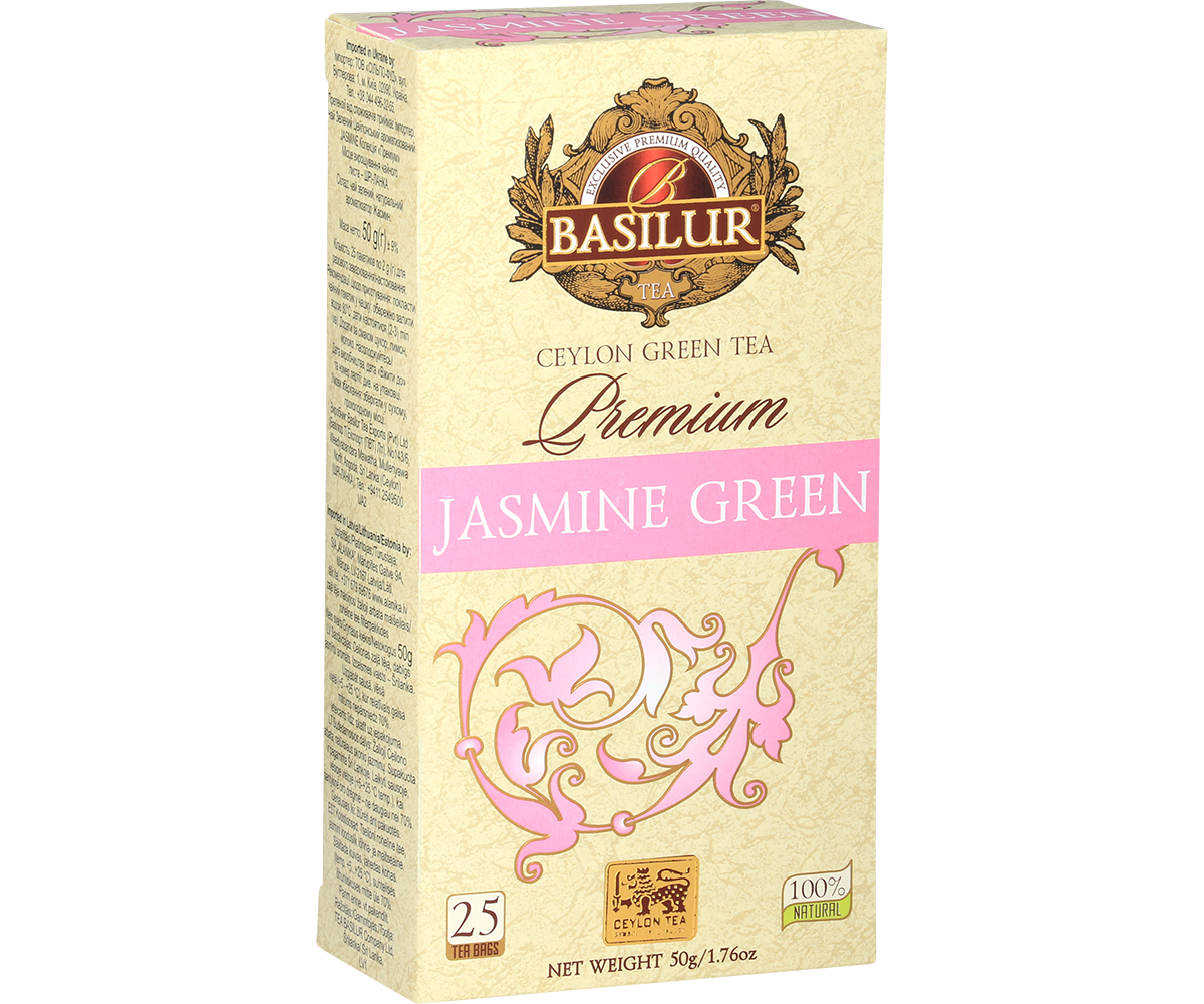 Opakowanie herbaty Basilur Premium Jasmine Green – zielona herbata z jaśminem w eleganckiej beżowo-różowej szacie.