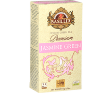 Opakowanie herbaty Basilur Premium Jasmine Green – zielona herbata z jaśminem w eleganckiej beżowo-różowej szacie.