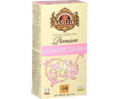 Opakowanie herbaty Basilur Premium Jasmine Green – zielona herbata z jaśminem w eleganckiej beżowo-różowej szacie.