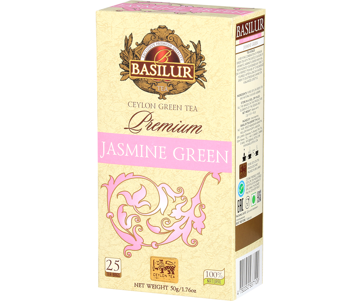 Bok pudełka Basilur Premium Jasmine Green z informacjami o składzie i zaparzaniu.