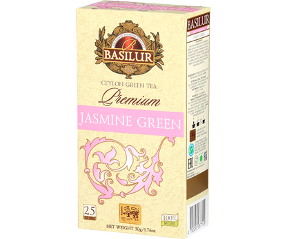 Bok pudełka Basilur Premium Jasmine Green z informacjami o składzie i zaparzaniu.