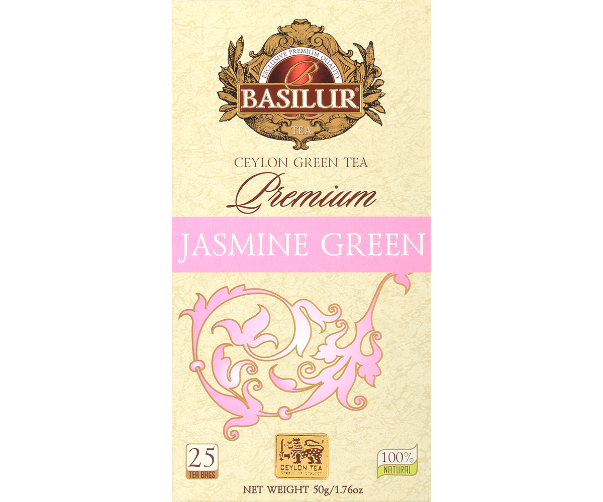 Front opakowania Basilur Jasmine Green z logo i ozdobnym motywem kwiatowym.