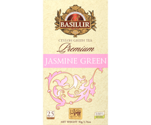 Front opakowania Basilur Jasmine Green z logo i ozdobnym motywem kwiatowym.