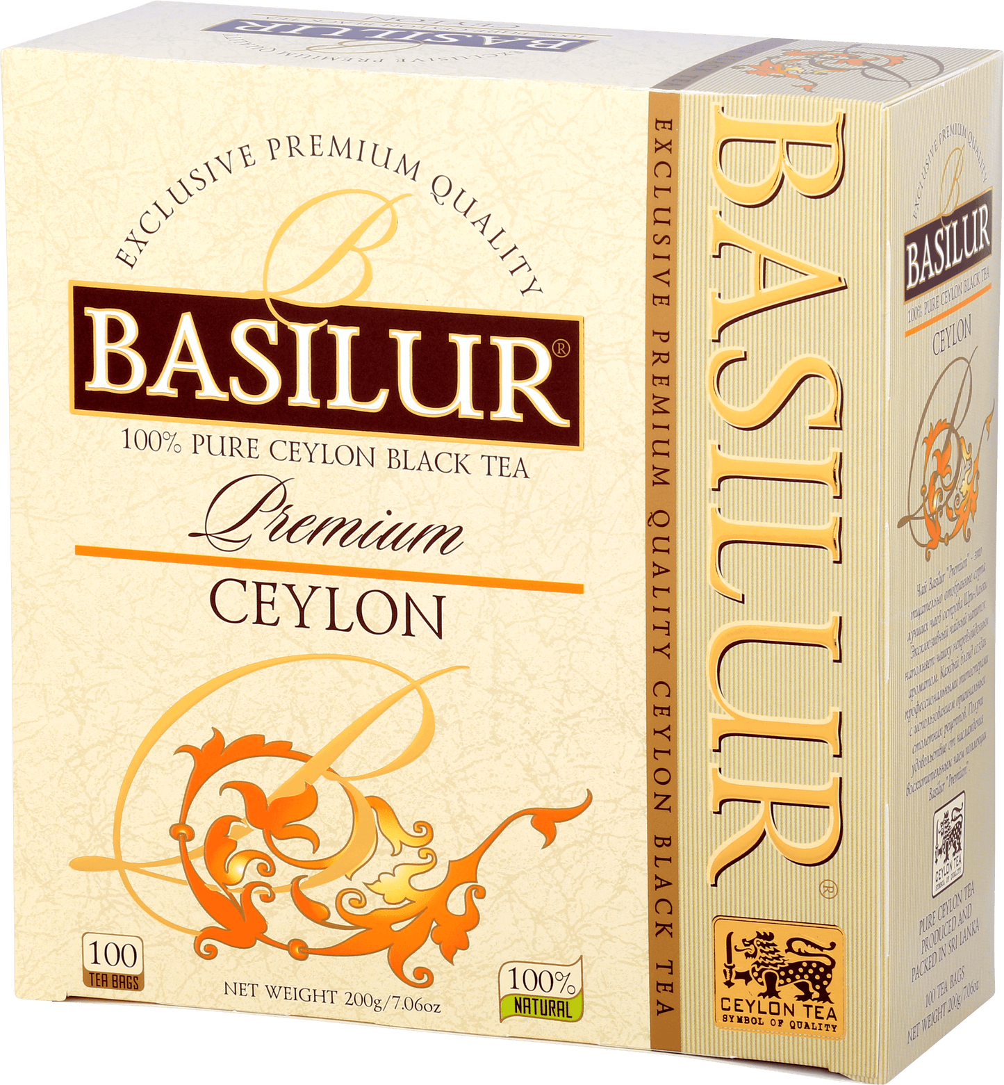 Front opakowania Basilur Premium Ceylon z logo marki i złotymi detalami