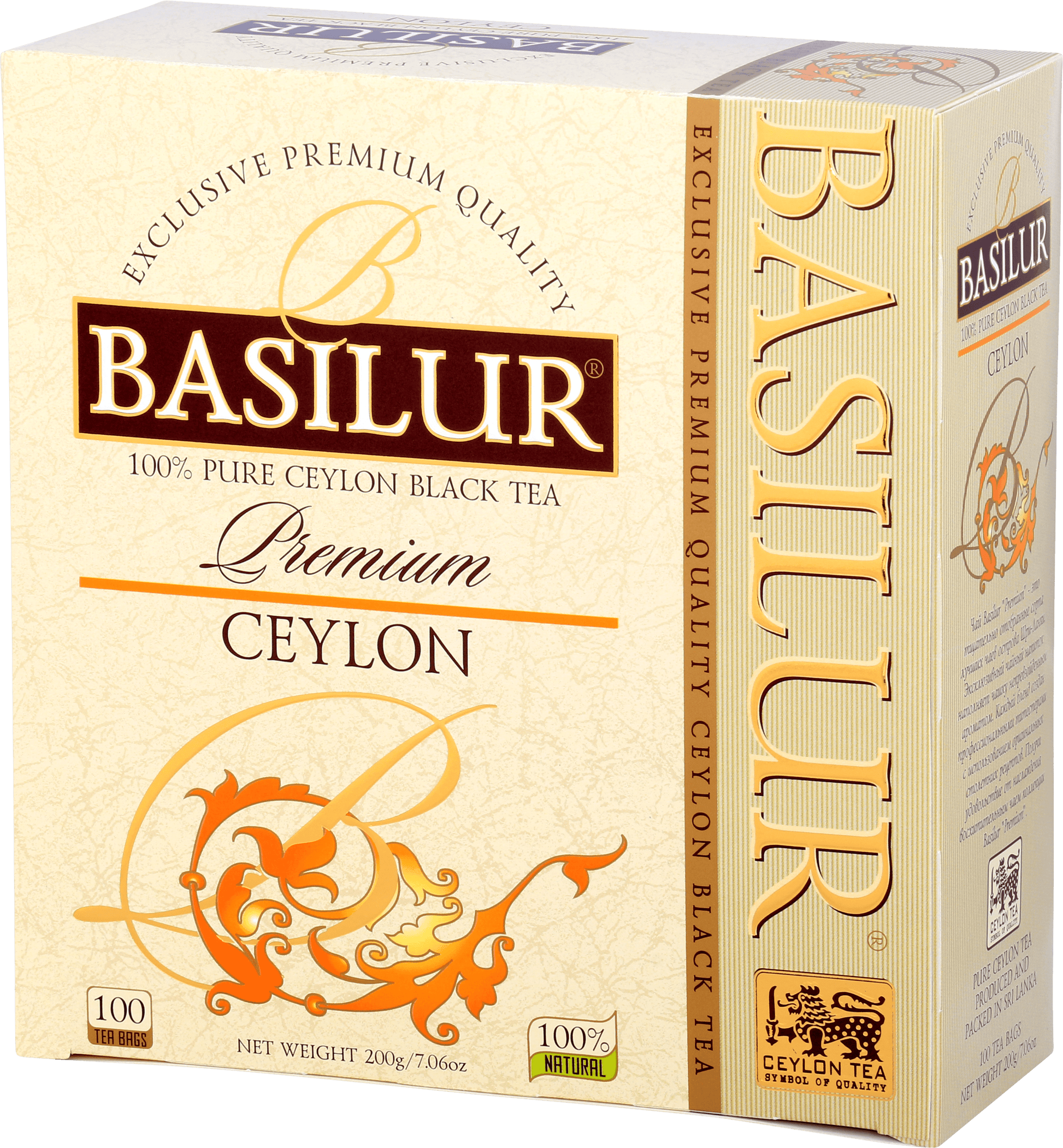 Front opakowania Basilur Premium Ceylon z logo marki i złotymi detalami